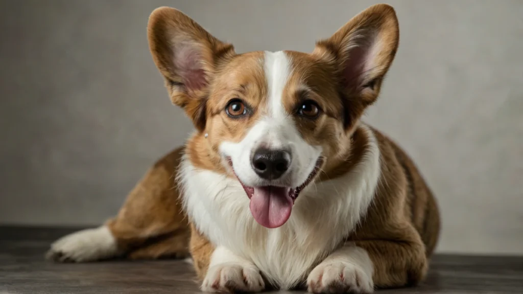 Image of a Cardigan Welsh Corgi being brushed by a person. The dog has a double coat, requiring regular brushing to remove loose fur and prevent matting