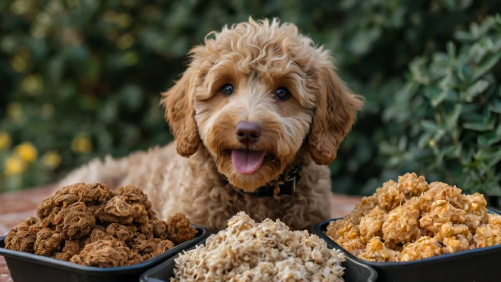 Image of a happy Labradoodle puppy sitting next to bowls of high-quality dog food, illustrating tips for selecting the best diet for Labradoodles