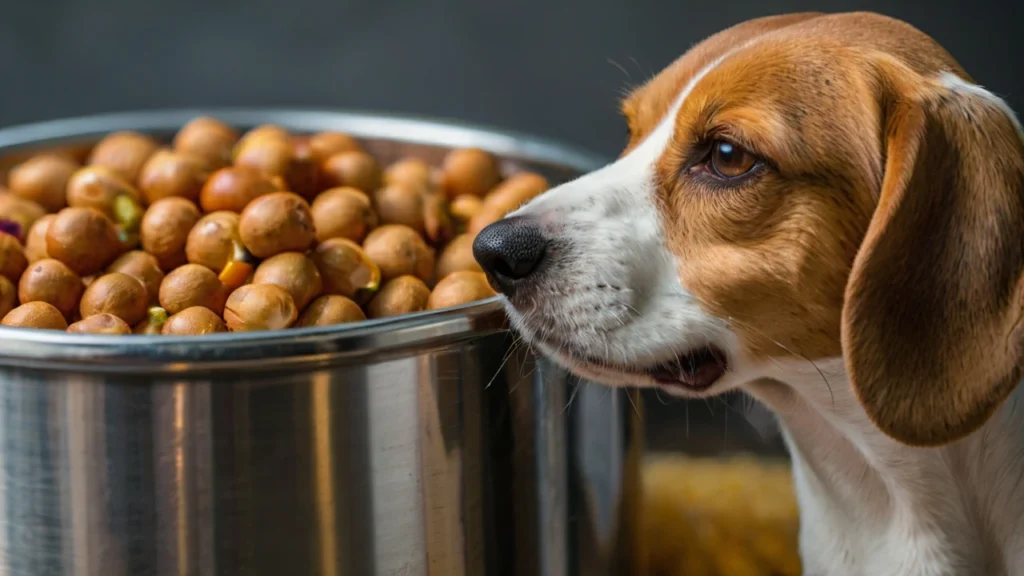 "Image of a Lemon Beagle puppy sitting beside a bowl of high-quality dog food, with a caption that reads