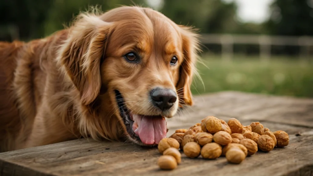 Golden Retriever sitting next to various types of high-quality dog food