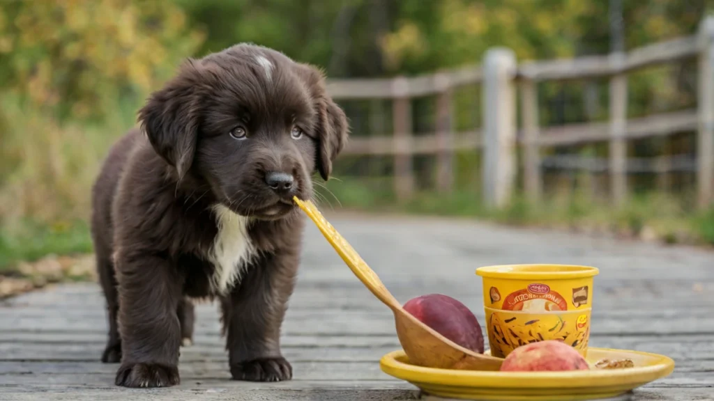 A Newfoundland puppy happily eating from a bowl with a caption that reads, 'Choosing the Best Food to Feed Newfoundland Puppies.' Background features tips on nutrition and healthy food choices for puppies