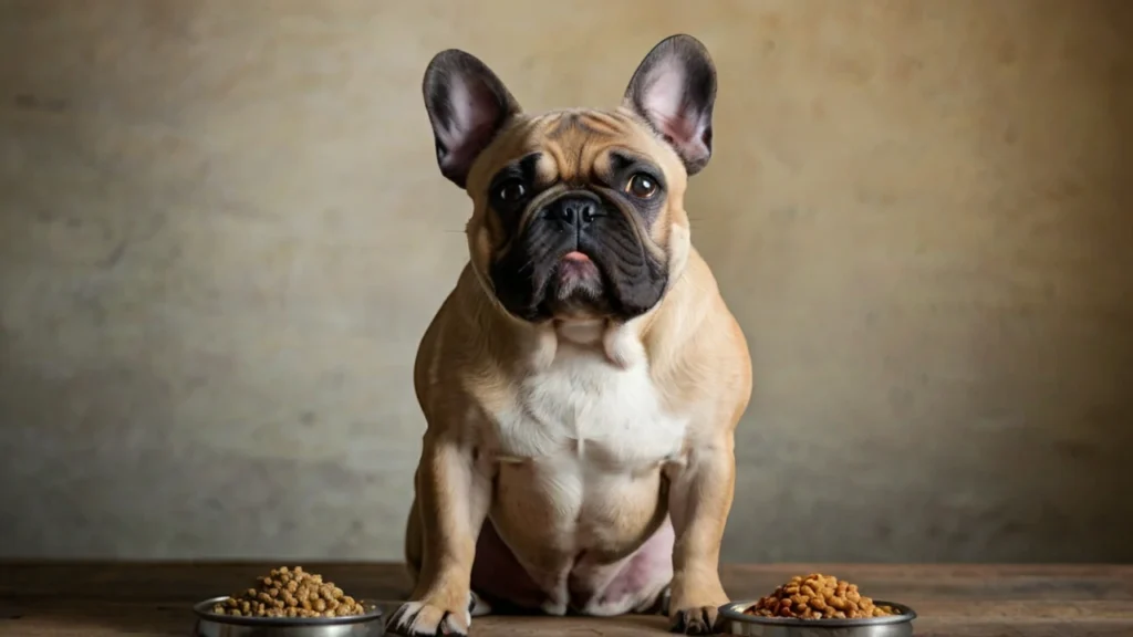 The scene includes a bowl of dog food being supplemented with fresh ingredients like chopped vegetables, fruits, and cooked meat. Nearby, there are bottles of dog-friendly supplements and vitamins. In the background, a happy, healthy dog is sitting 