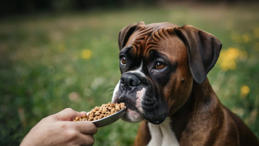 joyful dog wags its tail while a person prepares the food with care, underscoring the benefits of a well-rounded diet