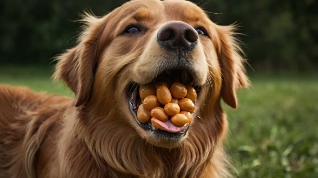 Golden Retriever happily eating from a food