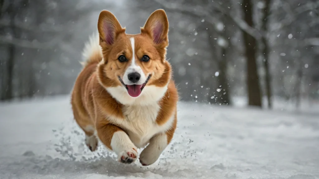 Image of a Cardigan Welsh Corgi running through an obstacle course. The dog, with its long tail and sturdy build, is showcasing its agility and enthusiasm. Cardigan Welsh Corgis require regular exercise to manage their energy and maintain a healthy weight