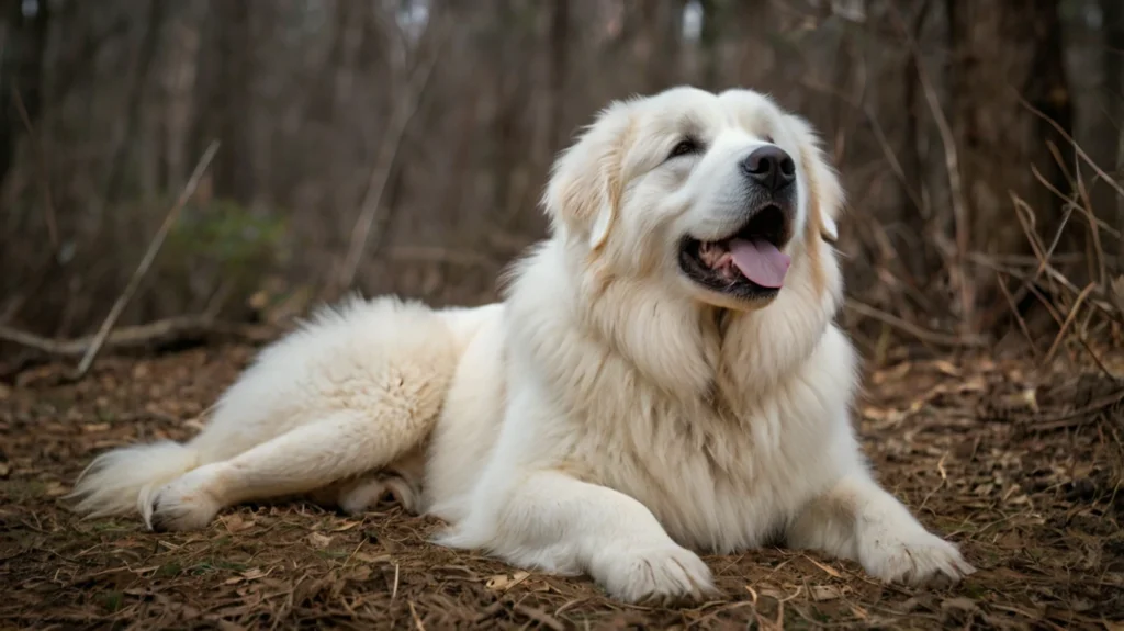 A Great Pyrenees walks alongside its owner on a woodland trail, illustrating the breed's need for regular exercise