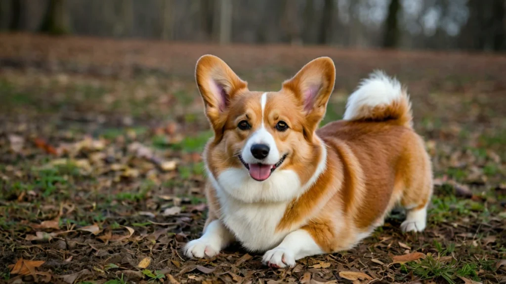 "Pembroke running energetically in a park. Known for their high exercise and training needs, Corgis require regular physical activity such as daily walks and playtime to stay healthy and happy