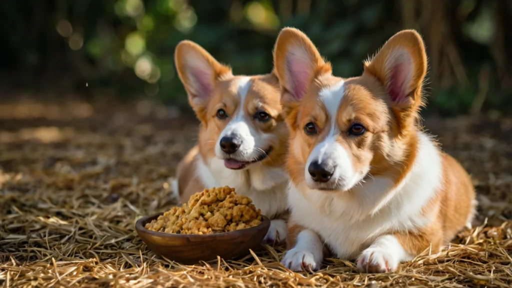 A bowl filled with high-quality dog food beside a Pembroke Welsh Corgi. Proper feeding and nutrition are essential for this breed, focusing on a balanced diet with the right mix of proteins, fats, and carbohydrates.