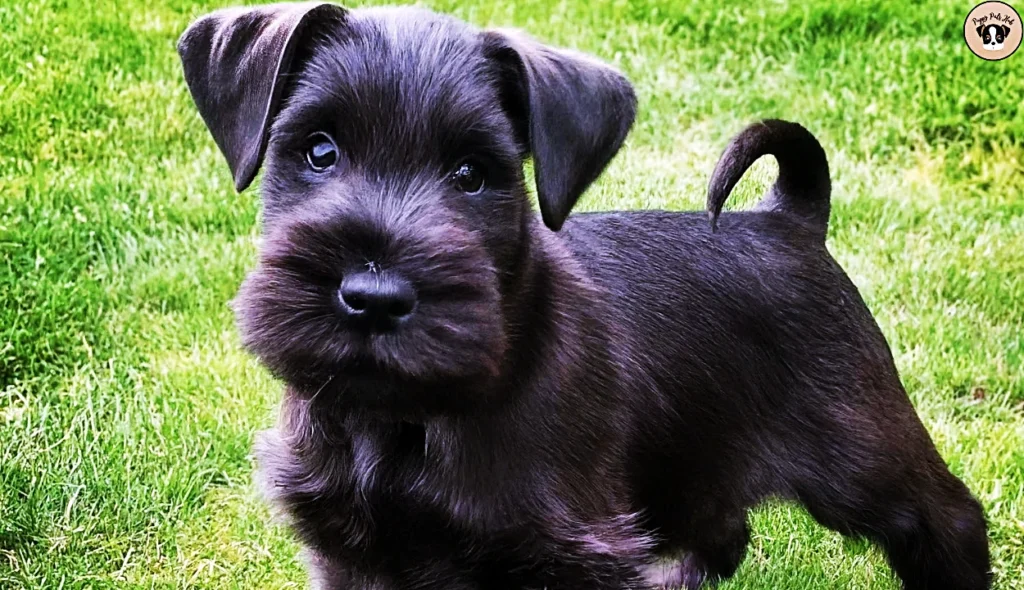 Image depicts an adorable Standard Schnauzer puppy sitting on a grassy lawn, looking towards the camera with a playful expression. Surrounding the puppy are toys