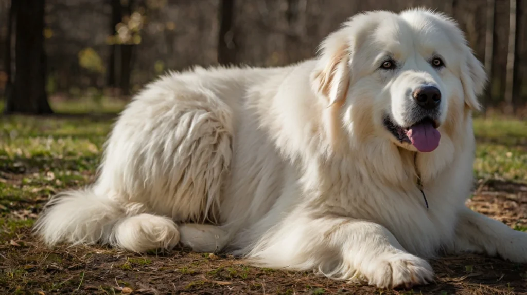 A Great Pyrenees dog is being groomed by its owner. The dog, with its thick, white double coat, stands calmly on a grooming table while the owner brushes its fur