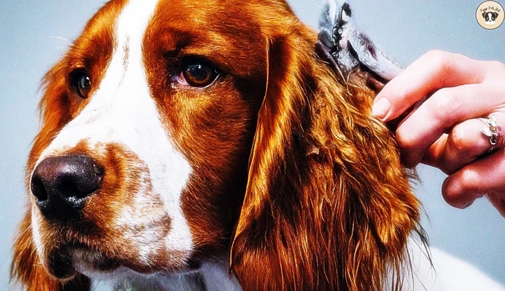 Image features a Welsh Springer being groomed by its owner. The dog is standing on a grooming table while being brushed, with its coat looking shiny and well-maintained. Various grooming tools, such as brushes and combs, are visible on the table