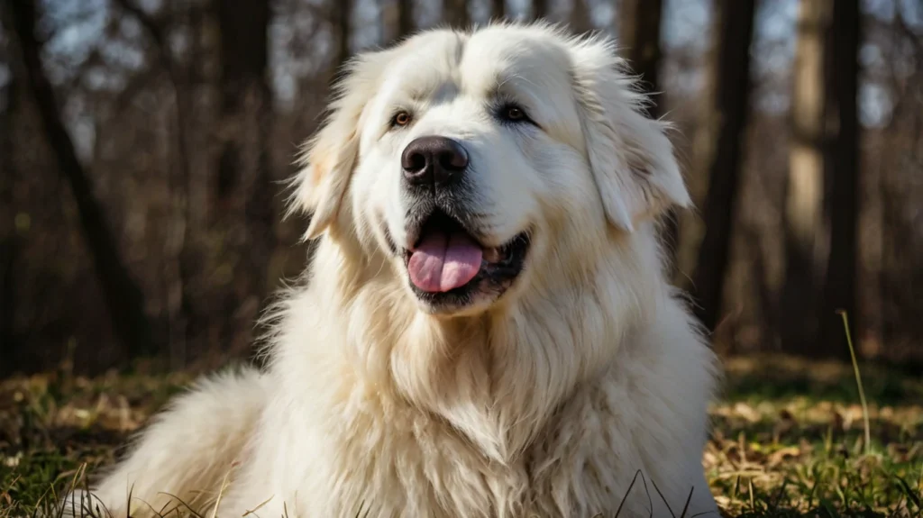 A Great Pyrenees dog lying checks its health. The white, thick-coated dog looks calm and relaxed.