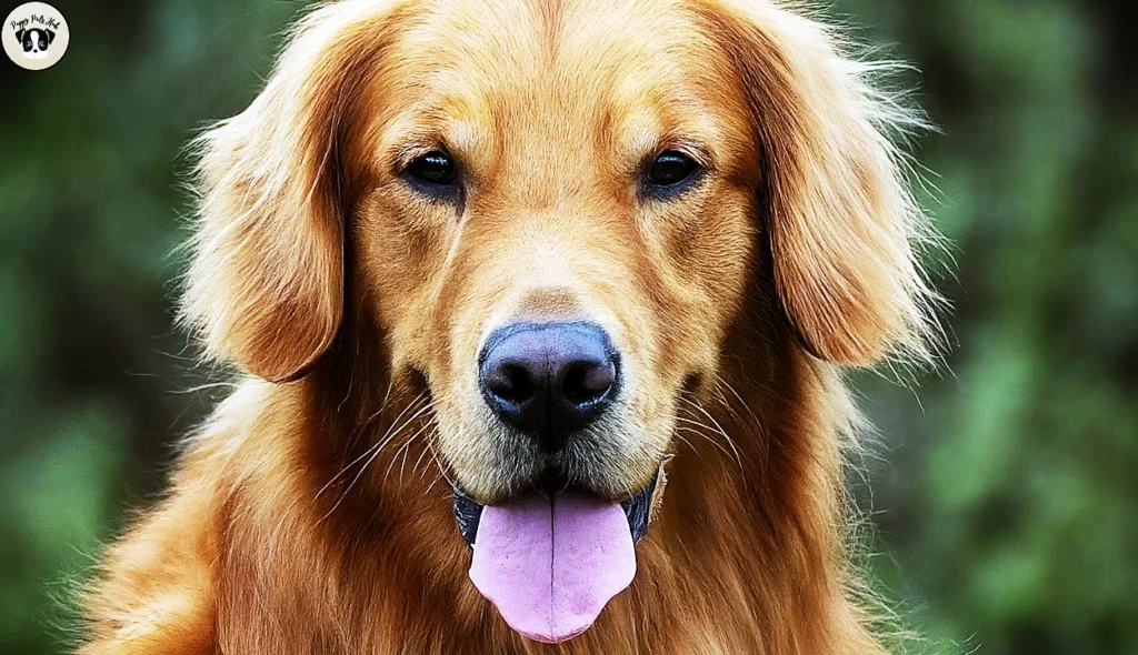 Image showing a red golden retriever sitting calmly with a background that includes a visually appealing timeline. The timeline in the background highlights different stages and milestones in the development of the red golden retriever breed,