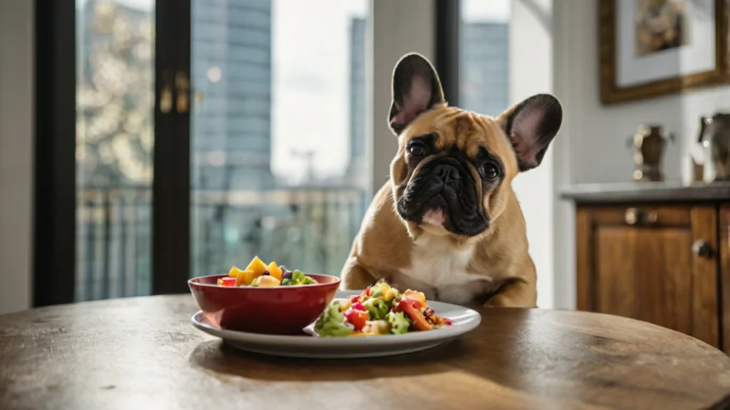 The image is divided into two sections. On the left, a bowl of fresh, colorful ingredients represents homemade dog food, including vegetables, meat, and grains arranged neatly.