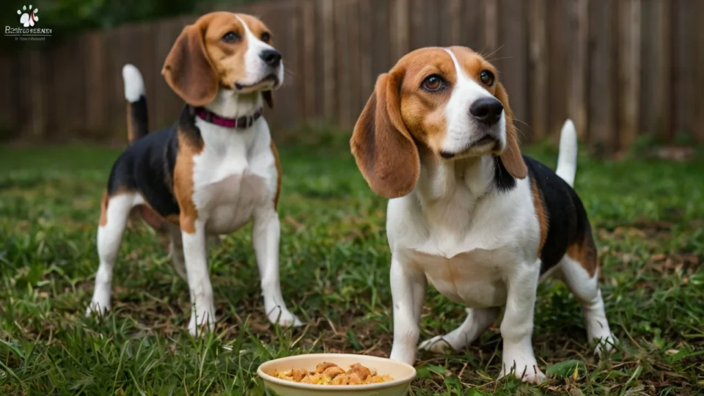 Image of a Beagle looking up eagerly at a dinner table with plates of various human foods, including vegetables, meats, and bread.