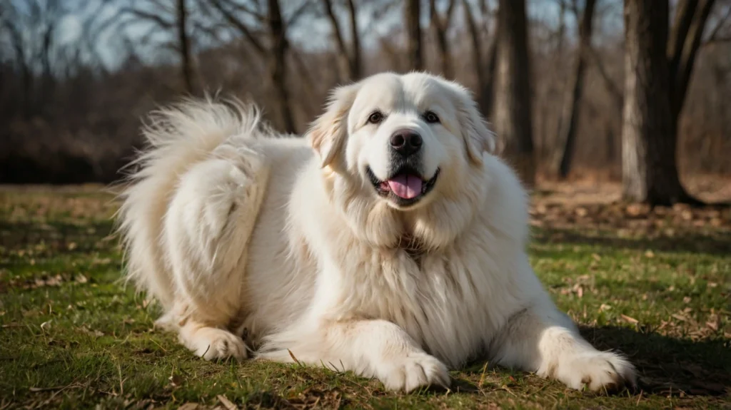 A majestic Great Pyrenees dog stands proudly on a grassy hill, with its thick, white fur shining in the sunlight. The dog has a calm and gentle expression,