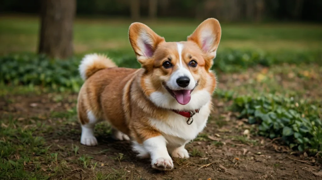 Image of a Pembroke Welsh Corgi: A small, sturdy dog with a foxy face and erect ears. The dog has a short, fluffy coat, typically tan and white. Known for their friendly and agreeable nature