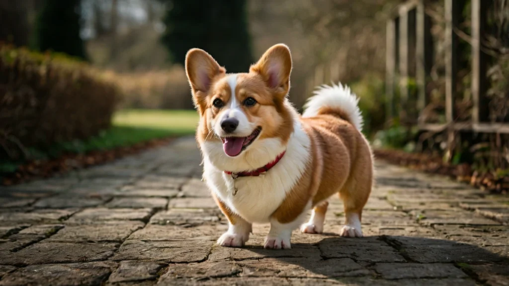 An adorable Pembroke Welsh Corgi stands proudly on a grassy field. The small, sturdy dog features a foxy face with erect ears, a short tail, and a short, fluffy coat in shades of tan and white.