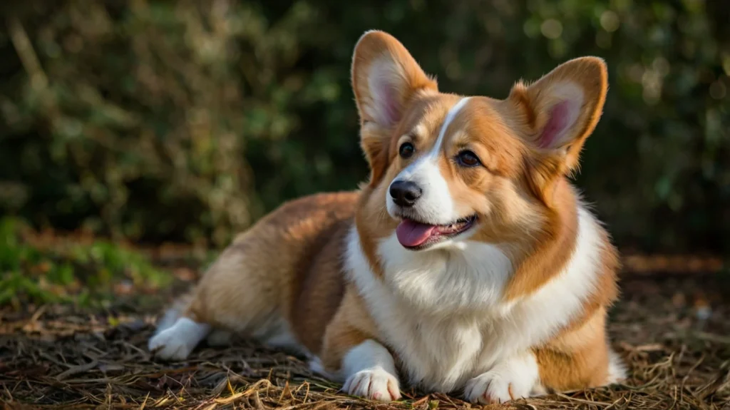 An illustration of a Pembroke Welsh Corgi in a historic Welsh landscape. Pembroke Welsh Corgis have origins dating back to 10th-century Wales.