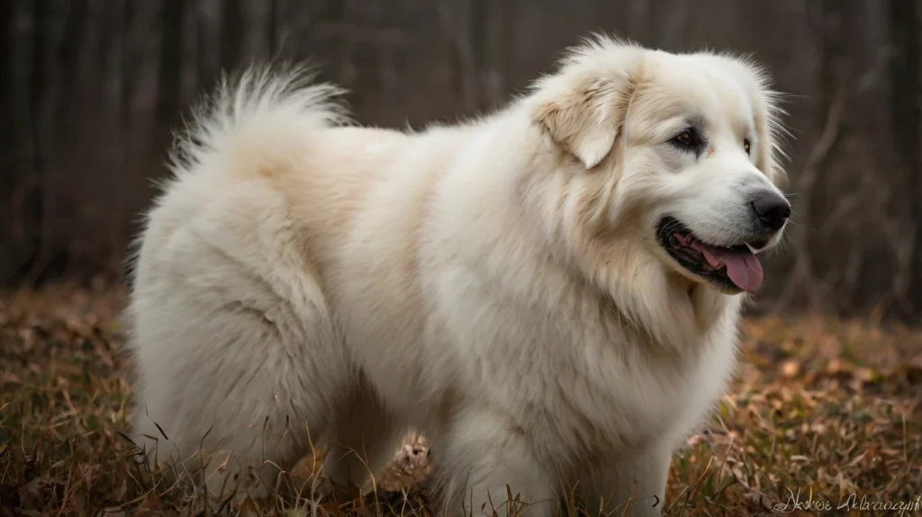 An ancient painting depicts a Great Pyrenees dog beside shepherds in the Pyrenees mountains, illustrating its origin and historical role as a guardian of flocks.