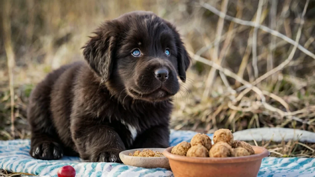 An assortment of healthy dog food placed next to a Newfoundland puppy, captioned 'Special Dietary Considerations.' The image highlights the need for appropriate dietary choices for Newfoundland puppies