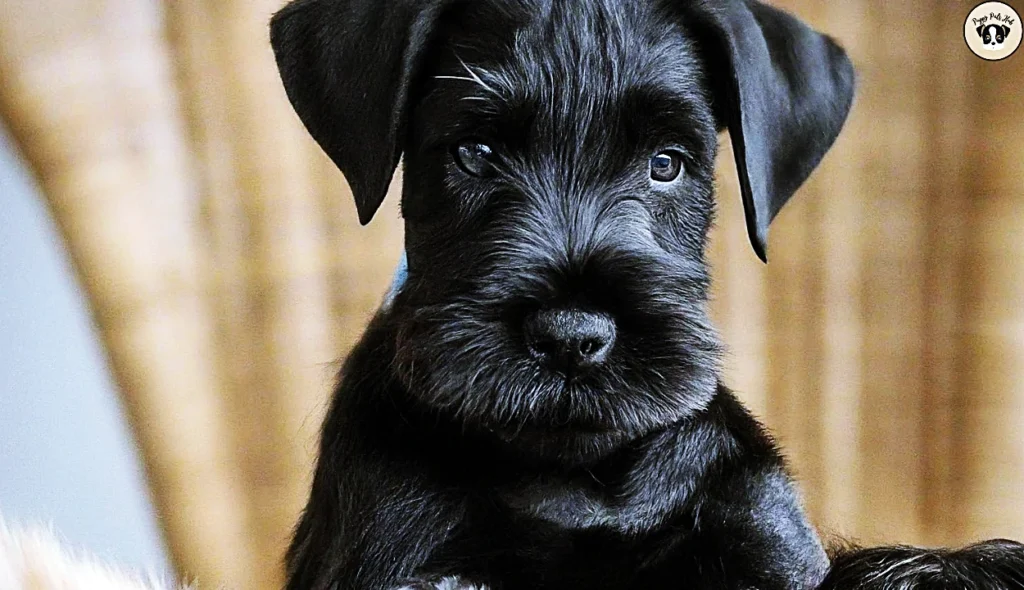 Illustration of a living environment suitable for a Standard Schnauzer puppy, featuring a cozy bed, toys, and ample space for play