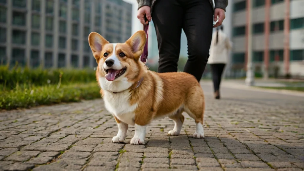 Image of a cheerful Pembroke Welsh Corgi playing with a ball in a grassy park. The dog is known for its friendly, intelligent, and energetic temperament. Pembroke Welsh Corgis are affectionate with families