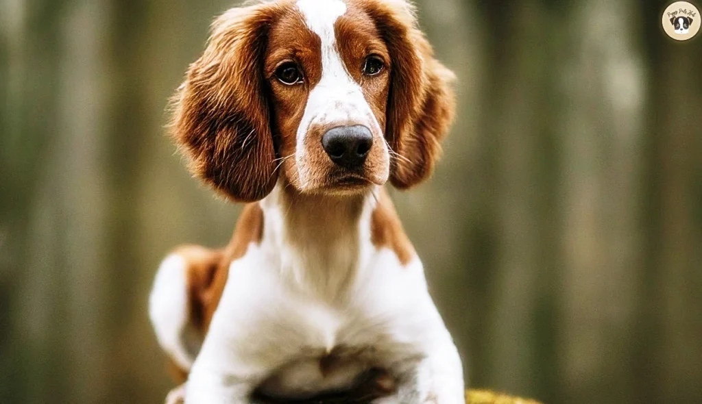 Image depicts a Welsh Springer Spaniel joyfully playing in a grassy field. The dog is mid-leap, with ears flapping and a ball in its mouth, showcasing its playful and energetic nature