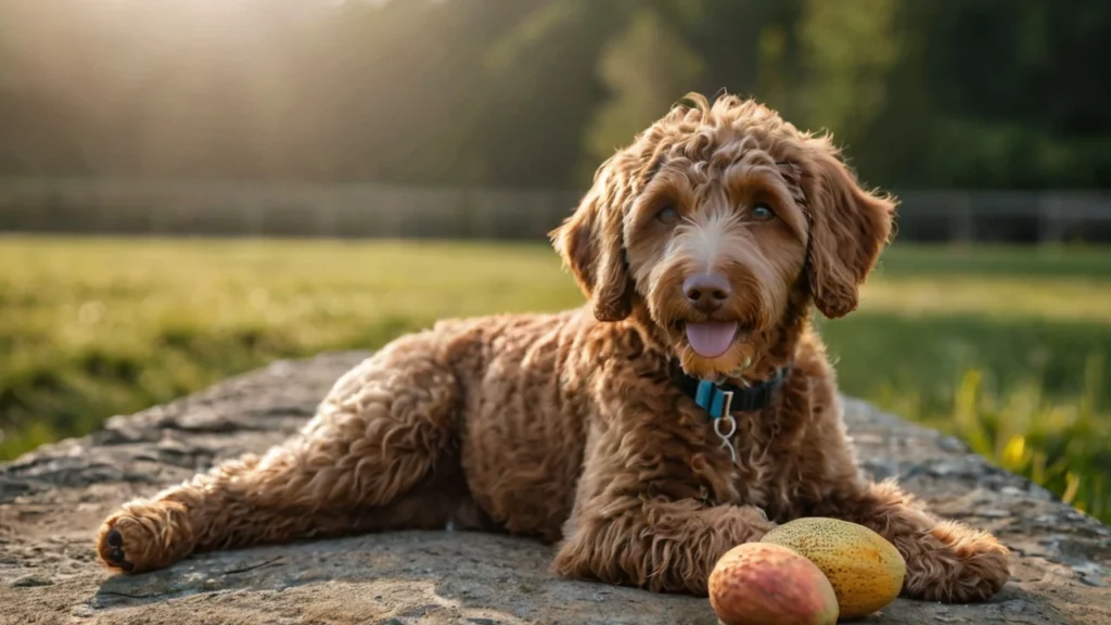 Illustration of a happy Labradoodle puppy sitting next to a healthy dog food,