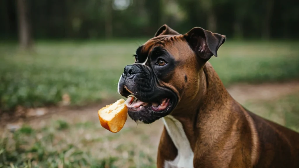 The dog's expressive face appears curious and attentive as it looks at the food