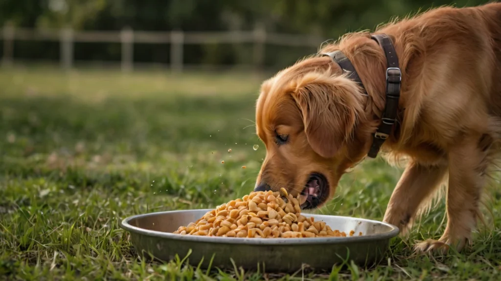 Red Golden Retriever eating from a bowl 