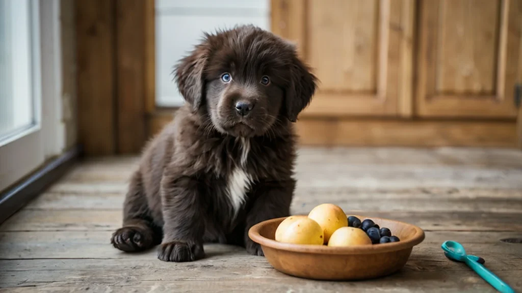 A Newfoundland puppy sitting beside a food bowl , captioned 'When Is It Time to Feed My Newfoundland Puppies?' The image conveys the importance of scheduling regular feeding times for puppies