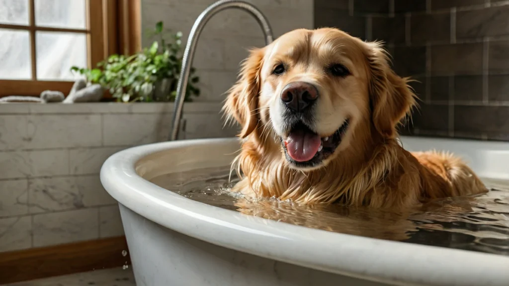 Bathing a Golden Retriever in a bathtub using gentle dog shampoo, ensuring thorough cleaning of its thick coat. Regular baths help keep your Golden Retriever's fur clean, shiny, and free from dirt and parasites