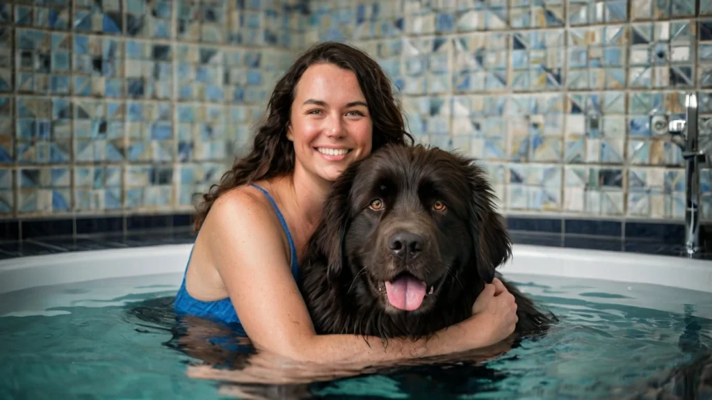 Newfi dog enjoying a bath in a tub with soothing water and bubbles - Essential bathing tips for keeping your furry friend clean and healthy