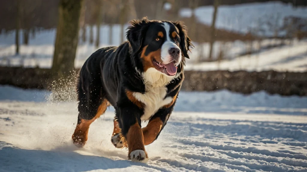 An image of a Bernese Dog sitting patiently while being brushed, showcasing its thick, tri-colored coat. Grooming a Bernese requires regular attention due to their long, double-layered fur.