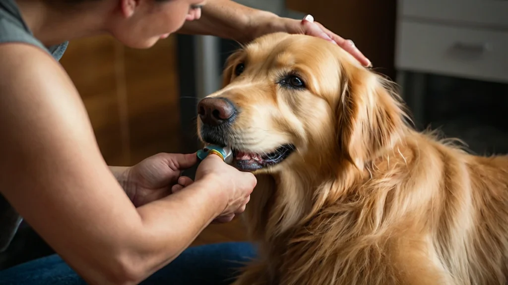 Maintaining dental hygiene for a Golden Retriever by brushing its teeth with dog-friendly toothpaste. Regular dental care helps prevent plaque buildup, bad breath, and promotes overall oral health