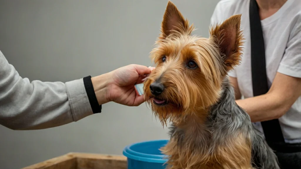 Instructions on how to clean the ears of an Australian Terrier, including recommended frequency and techniques for maintaining ear hygiene