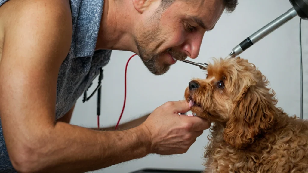 showing the use of a gentle ear cleaner and cotton balls to remove dirt and prevent infections, highlighting the importance of regular ear hygiene in their grooming routine.