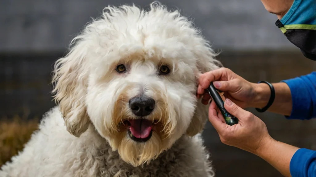 A close-up of a person gently cleaning a dog's ear with a cotton ball, demonstrating the importance of regular ear cleaning to keep pets healthy