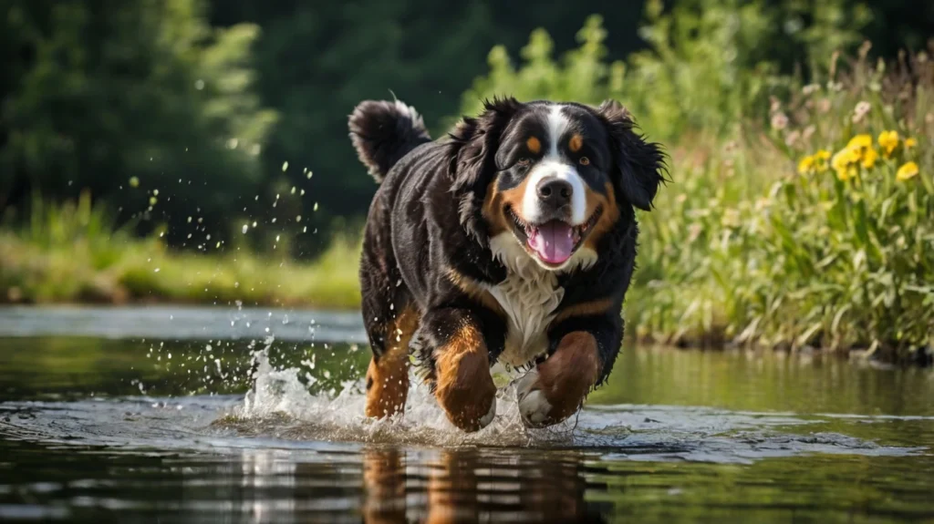 An image of a Bernese Dog happily running through a green park, its long fur flowing as it moves. Bernese, though large and gentle, require regular exercise to maintain their health and temperament. They benefit from daily walks, play sessions, and occasional hikes