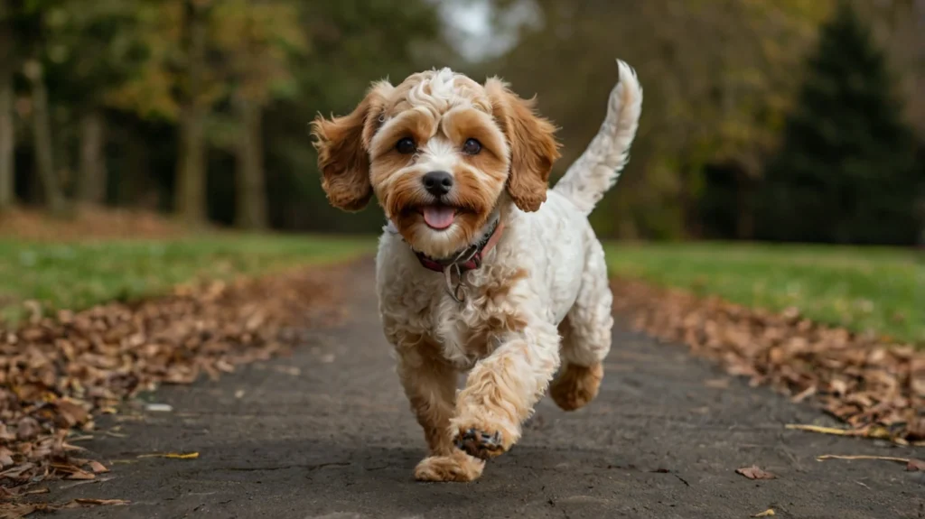 Image showing the exercise and training needs of Cavapoos, including daily walks, playtime in the park, agility courses, and basic obedience training to keep them fit and well-behaved.