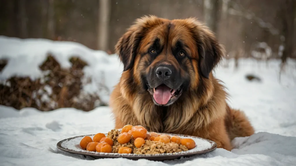 A bowl of high-quality dog food on a wooden floor: Proper feeding and nutrition are crucial for a Leonberger's health. This includes a balanced diet rich in proteins, fats, vitamins, and minerals. 