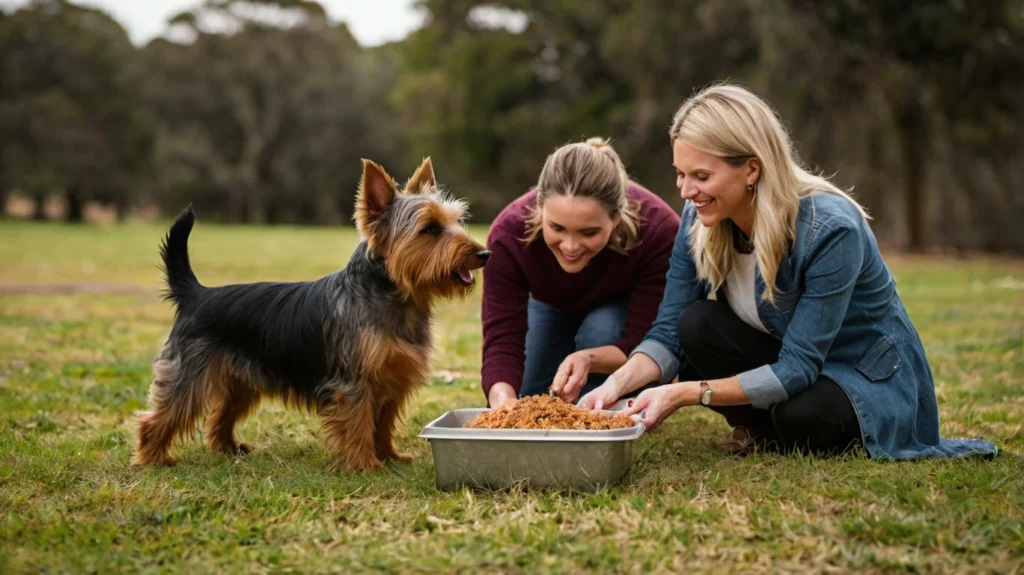 "Details on feeding and nutrition for Australian Terriers, outlining recommended diets, portion sizes, feeding schedules, and tips for ensuring a balanced and healthy diet