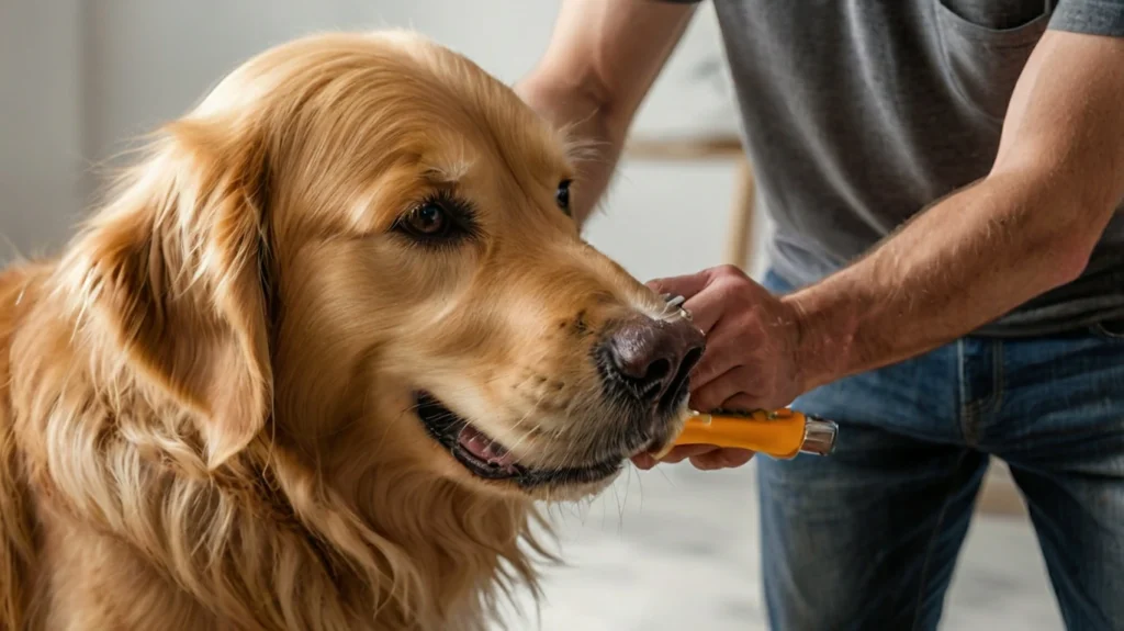 Home grooming a Golden Retriever with essential tools, focusing on brushing, bathing, and trimming nails. Step-by-step guide to keep your Golden Retriever healthy and looking its best.