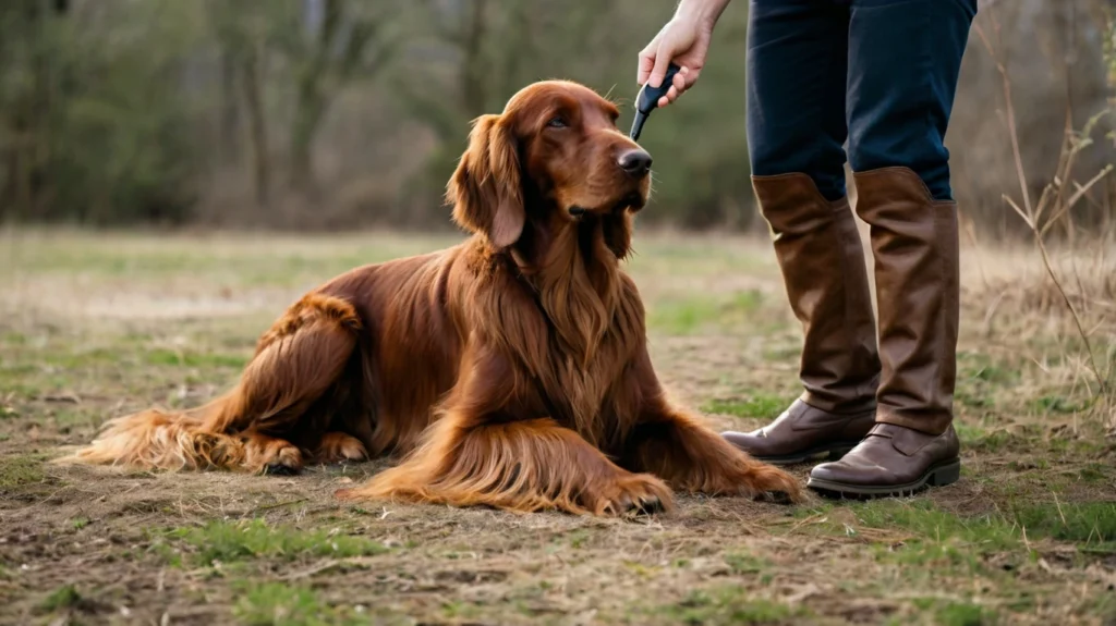 DIY guide to grooming your Irish Setter at home, including brushing, bathing, and trimming.