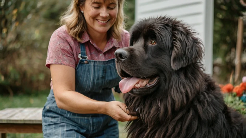 Owner gently brushing a Newfoundland dog's thick fur at home, Step-by-step guide to home grooming for maintaining your pet's health and cleanliness