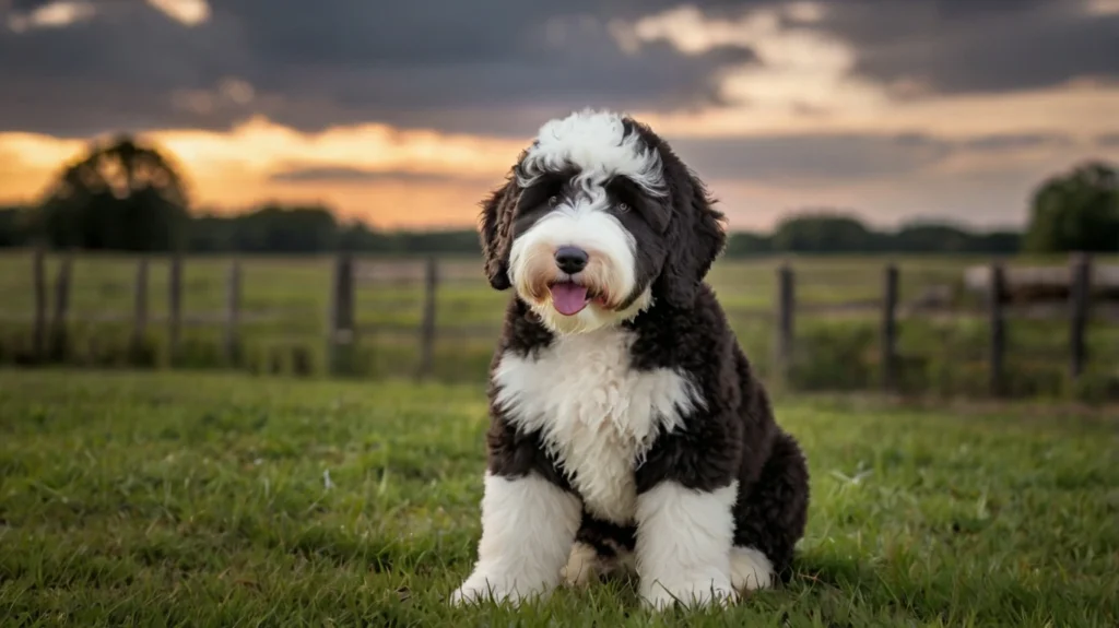 Sheepadoodle lying on grass, showcasing its fluffy coat and gentle expression, perfect for illustrating an introduction to the Sheepadoodle breed.