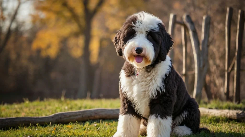 Illustration of a Sheepdog engaging with puzzle toys and agility obstacles, highlighting the breed’s requirement for mental stimulation and interactive activities to stay happy and healthy