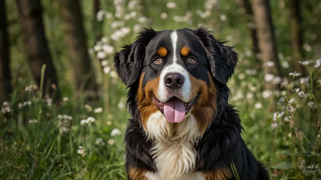 A photo of a sturdy Bernese standing proudly in a picturesque mountainous landscape. This breed, originating from the Swiss Alps, has a rich history as a versatile working dog adept at herding cattle, pulling carts, and serving as loyal farm companions