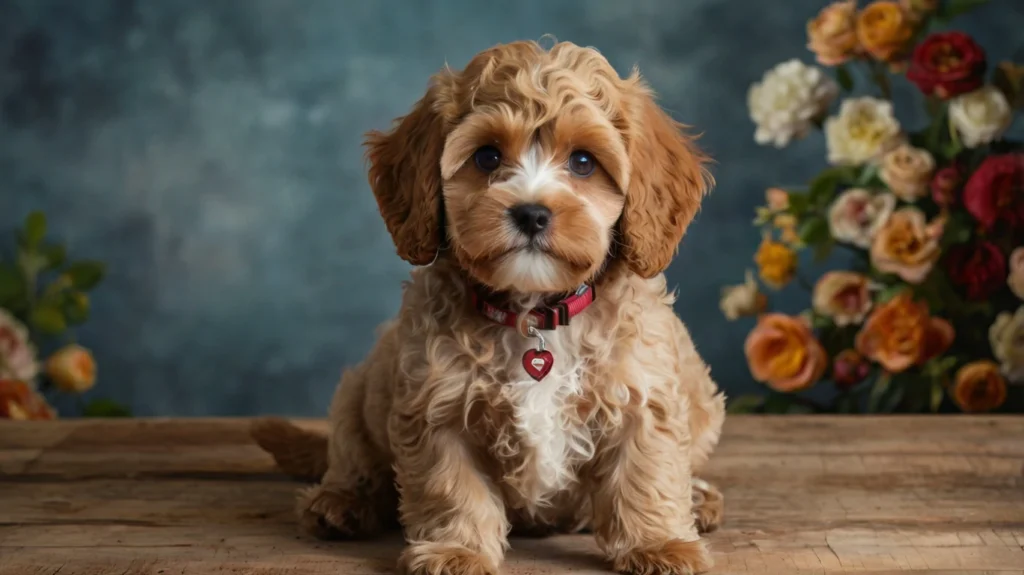 Illustration depicting the origin and history of the Cavapoo breed, featuring a timeline and images of Cavalier King Charles Spaniels and Poodles, highlighting their crossbreeding proces